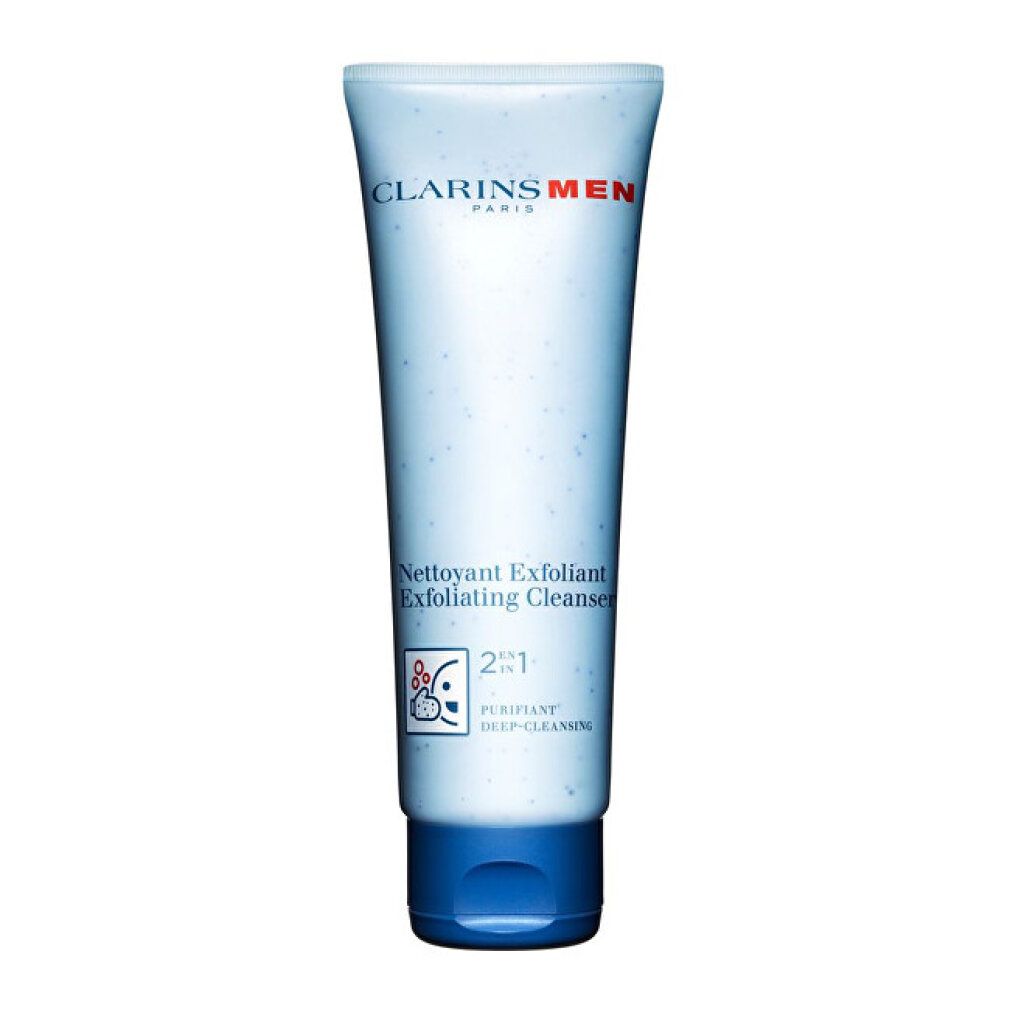 Blau-weiße Tube mit roter und blauer Schrift. "CLARINS MEN" und "Nettoyant Exfoliant Exfoliating Cleanser" sind sichtbar.
