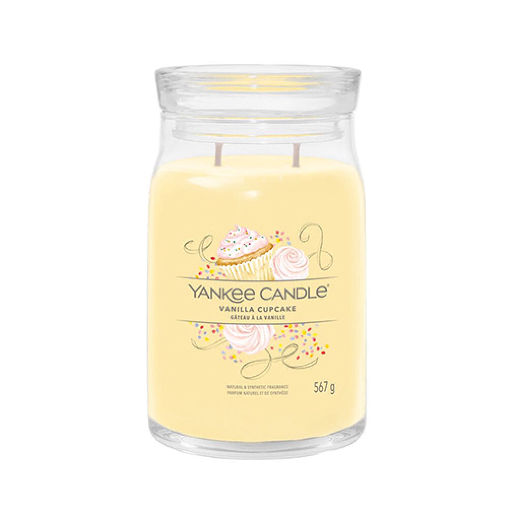 Große Yankee Candle Duftkerze Vanilla Cupcake im Glas mit Deckel. Aufkleber mit Cupcake-Motiv und Schriftzug. Zwei Dochte.