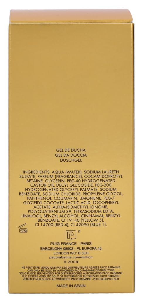 Goldfarbene Schachtelrückseite mit Inhaltsstoffen und Herstellerinformationen. Text in Englisch und Französisch.