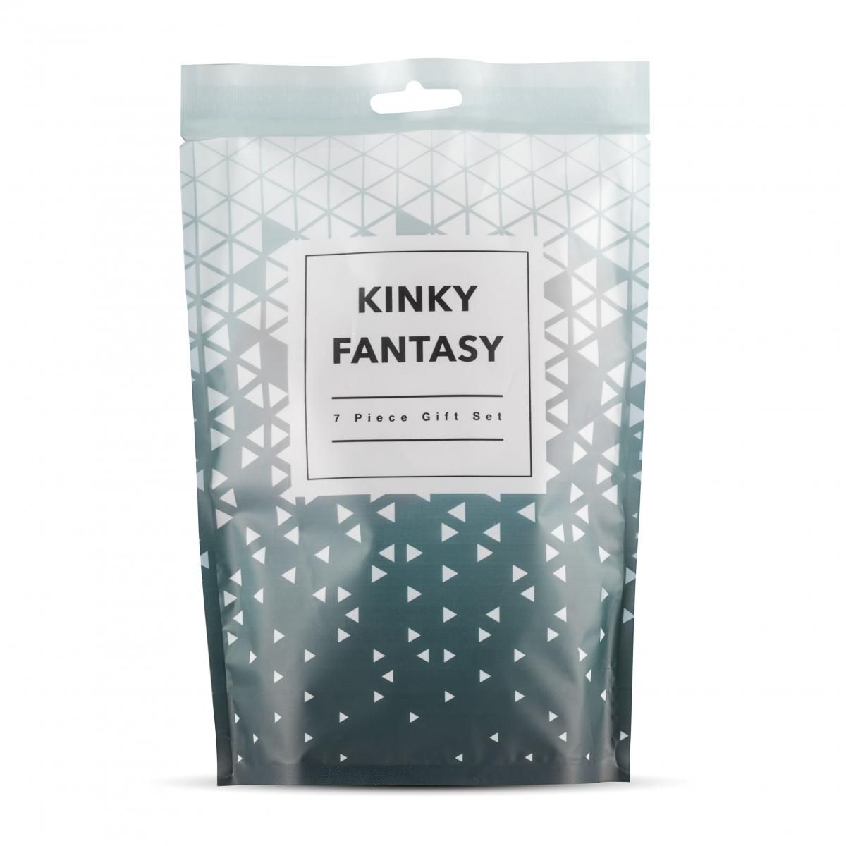 Verpackung mit dem Text 'KINKY FANTASY 7 Piece Gift Set'. Hellblauer Hintergrund mit weißen Dreiecken.