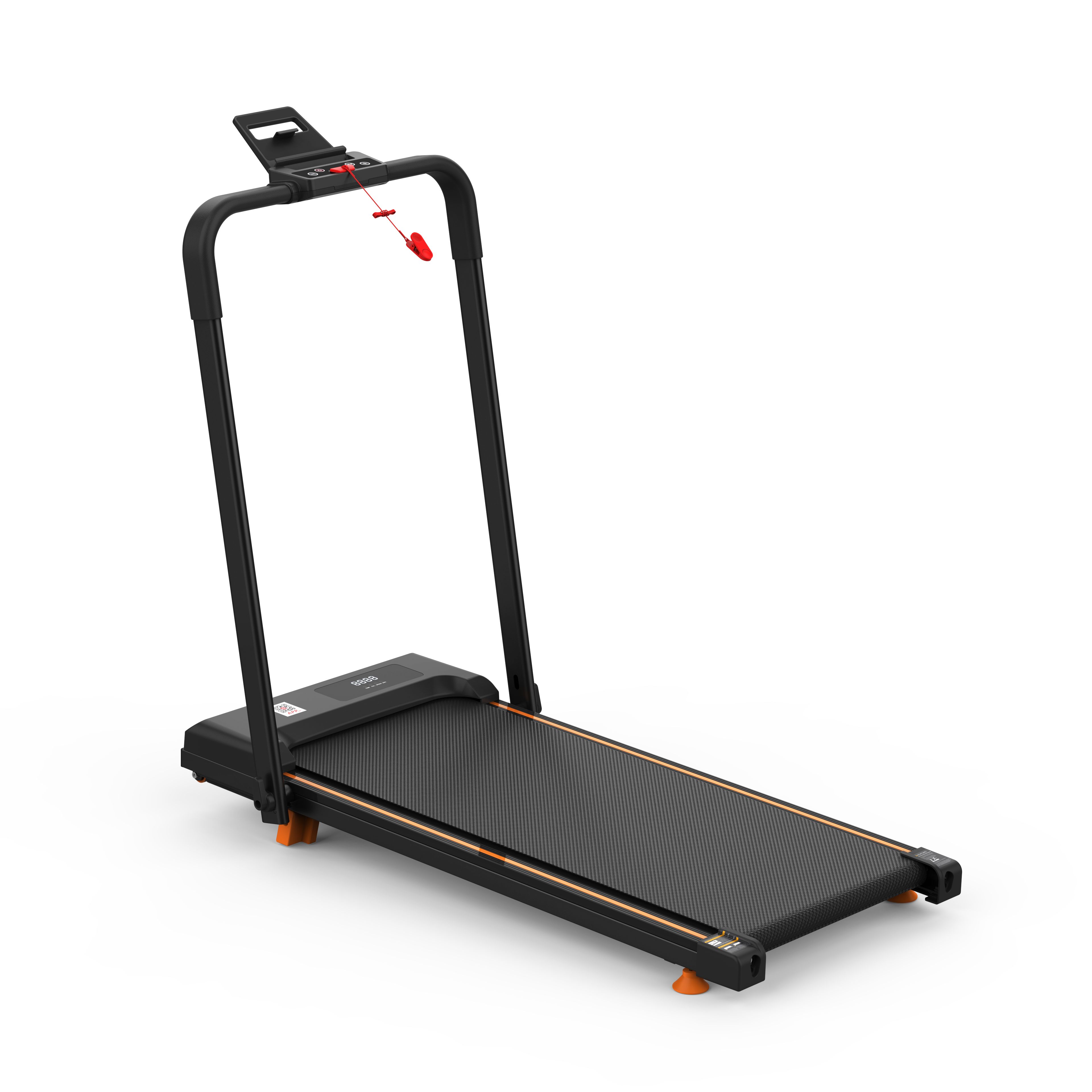 Schwarzes Laufband mit orangefarbenen Akzenten. Mit Haltegriff und Bedienfeld. Auf weißem Hintergrund.