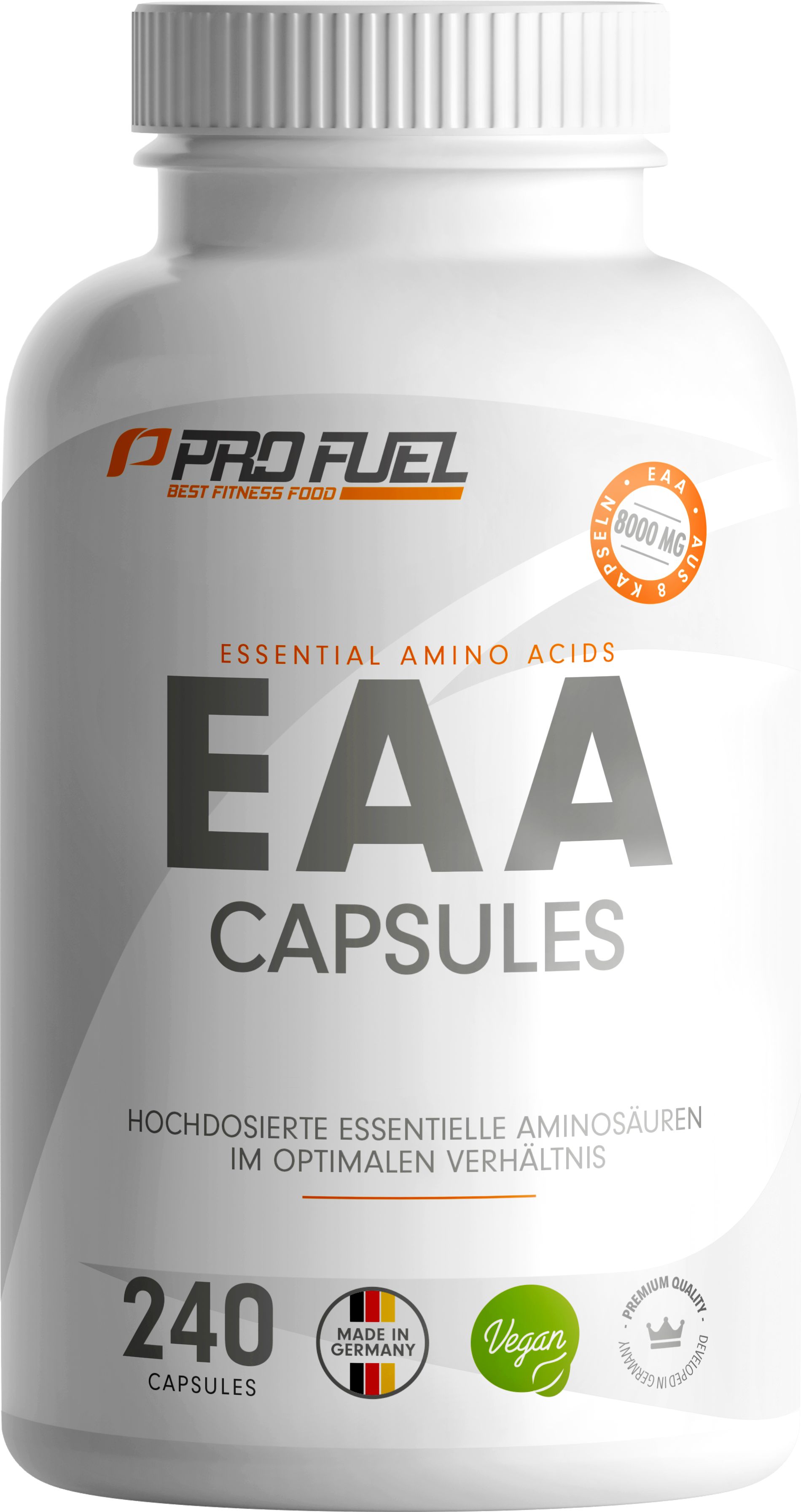 Weiße Dose mit ProFuel EAA Kapseln, 240 Stück, vegan, Made in Germany.