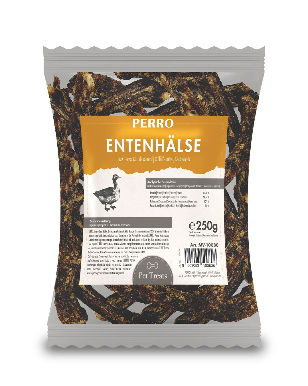Verpackung mit getrockneten Entenhälsen. Aufdruck: PERRO, Entenhälse, 250g, Abbildung einer Ente. Enthält Nährwertangaben und das Logo Pet Treats.