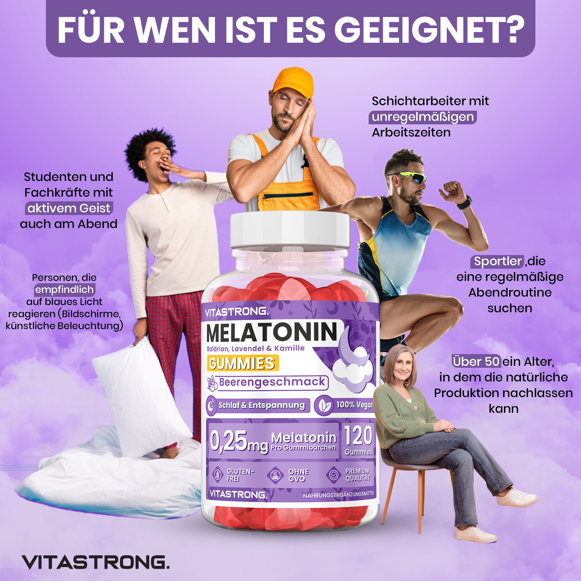 Vitastrong Melatonin Gummies. Flasche mit Gummibärchen. Text: Melatonin Gummies, 120 Stück, 0,25mg Melatonin. Personen im Hintergrund.