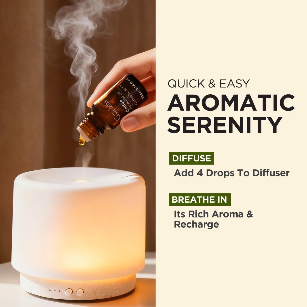 Eine Hand tropft Öl in einen weißen Diffusor. Text: Schnelle & einfache aromatische Ruhe. Diffundieren: 4 Tropfen. Einatmen: Reichhaltiges Aroma.