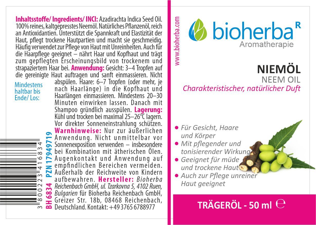 Etikett mit Produktname, Logo und Text. Enthält Inhaltsstoffe, Anwendungshinweise und Herstellerinformationen. Pinkfarbener Streifen mit "TRÄGERÖL - 50 ml".