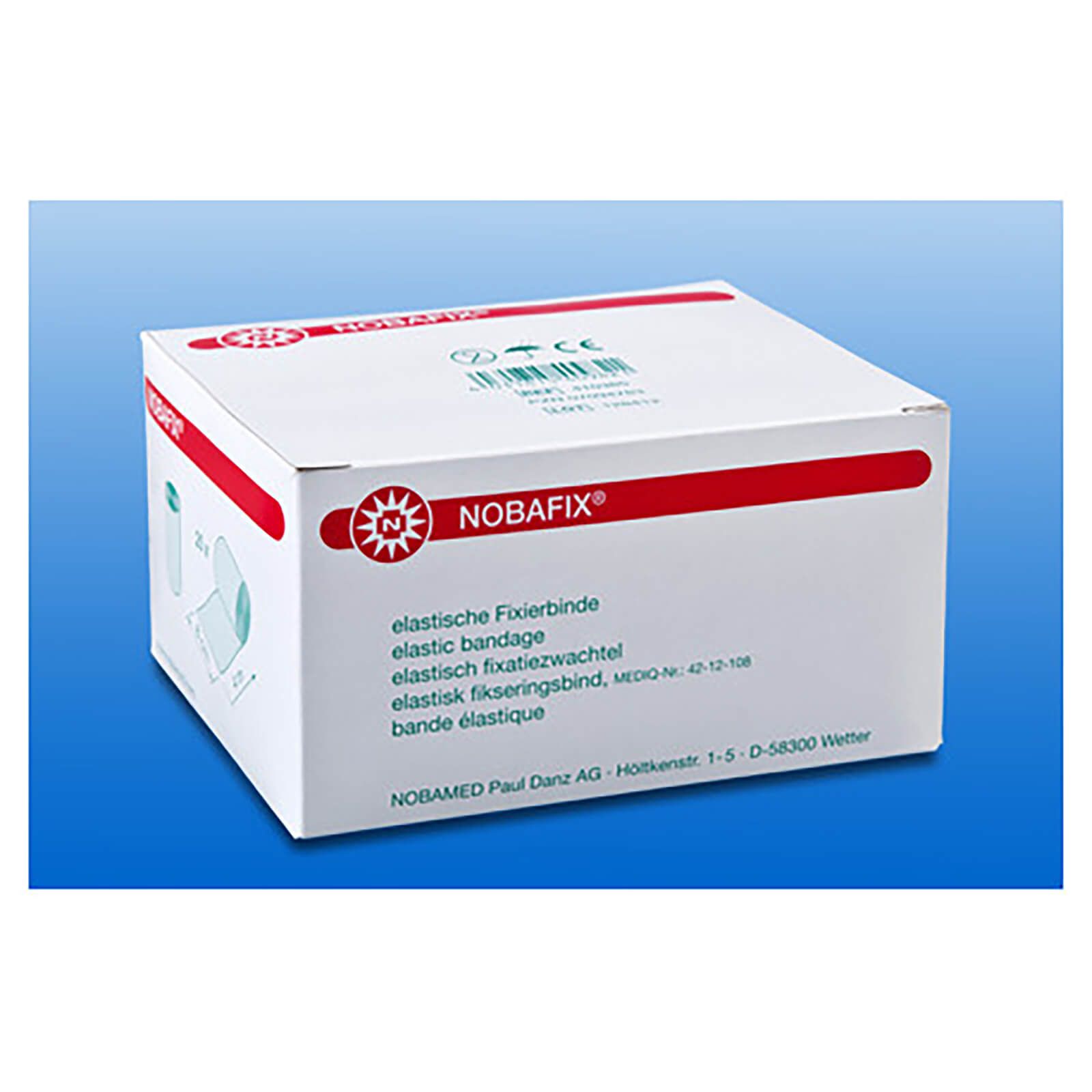 Weiße Verpackung mit roter und grüner Schrift. Aufschrift: NOBAFIX, elastische Fixierbinde.