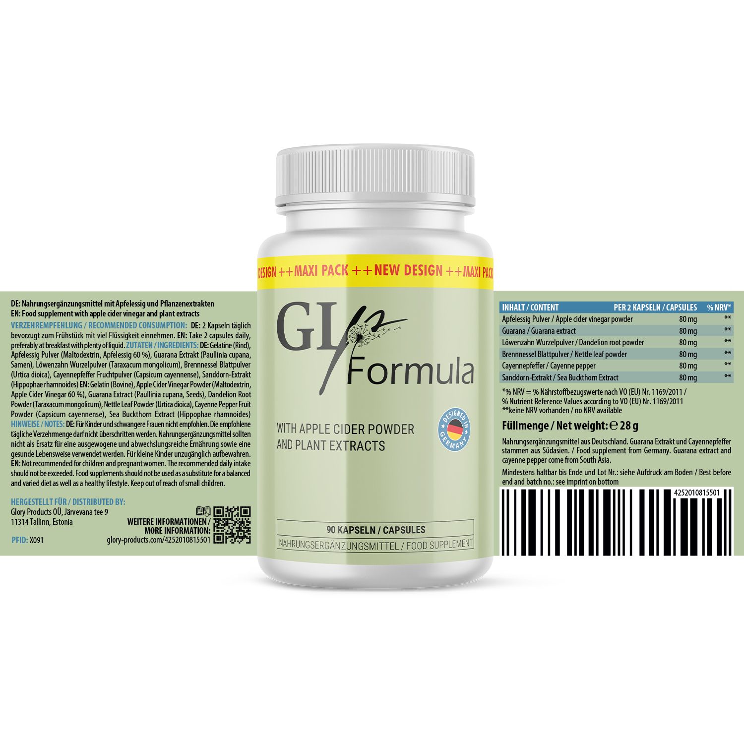 GLp Formula Pillenbehälter mit Inhaltsangaben und Nährwerttabelle. Enthält Apfelessigpulver und Pflanzenextrakte. 90 Kapseln, 28g.
