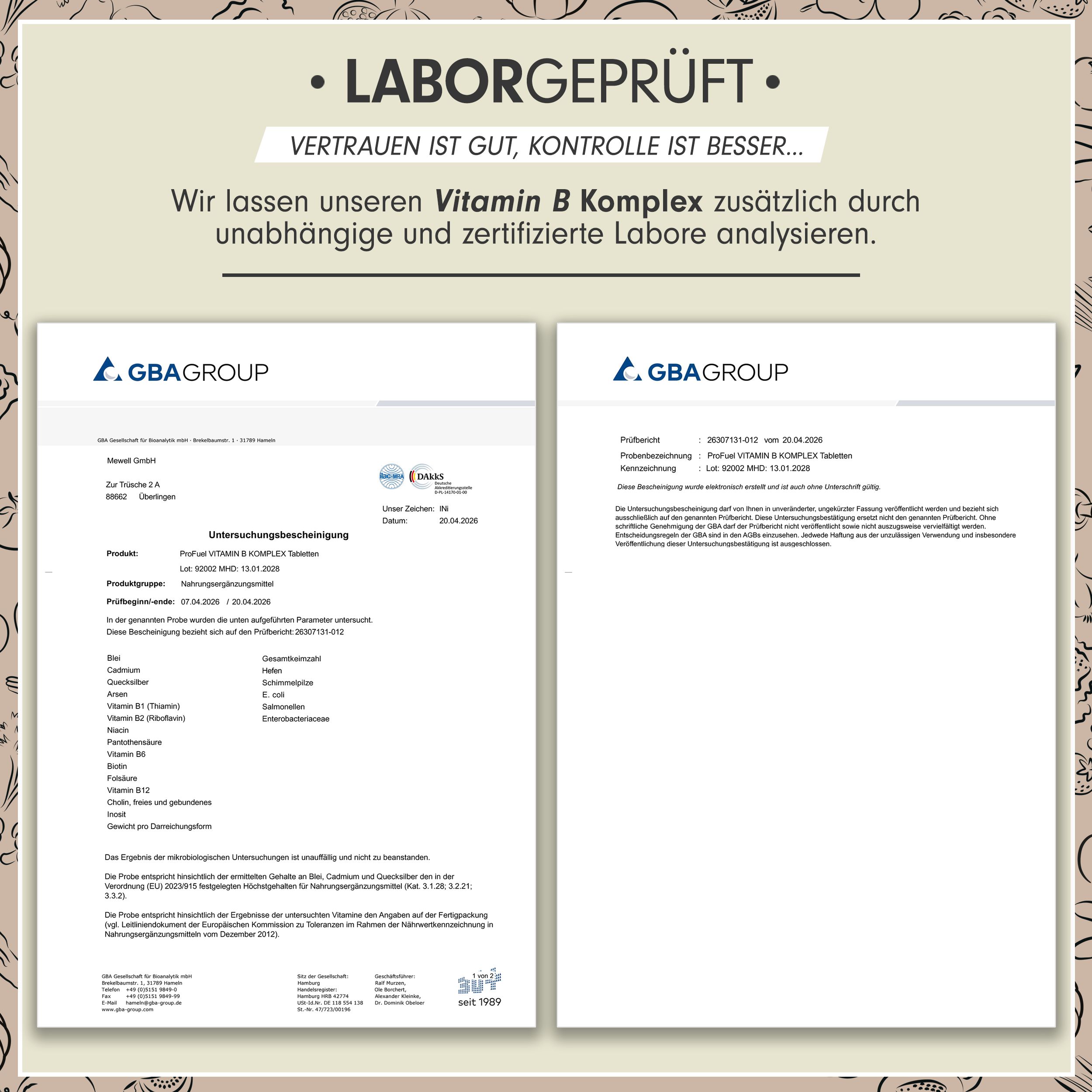 Zwei Zertifikate von GBA Group. Text: Laborgeprüft. Analyseergebnisse von VITAMIN B KOMPLEX. Unterschriften und Stempel.