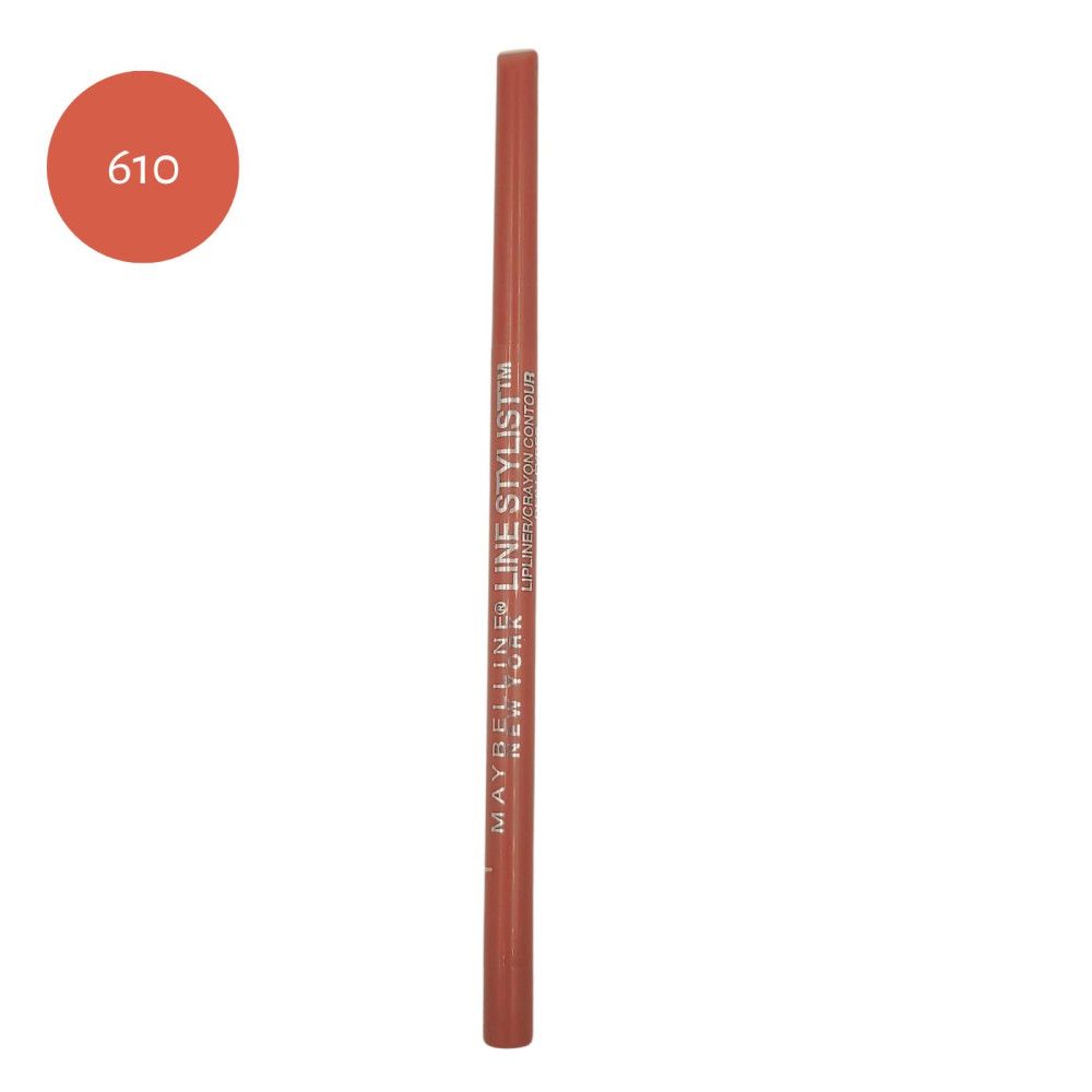 Lippenkonturenstift. Maybelline New York Line Stylist. Braune Farbe. Farbkreis mit Nummer 610.