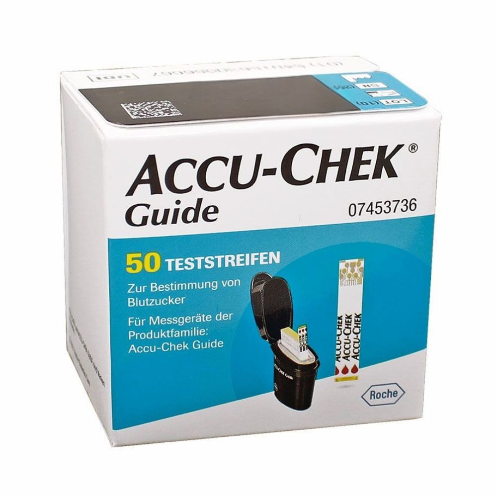 Accu-Chek Guide Packung mit 50 Teststreifen. Geöffnete Packung mit Teststreifen und Messgerät. Roche Logo.