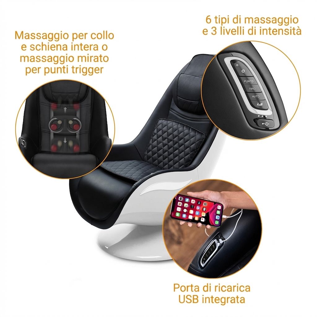 Massagesessel mit Details: Massagezonen, Bedienelemente und integrierter USB-Ladeanschluss.