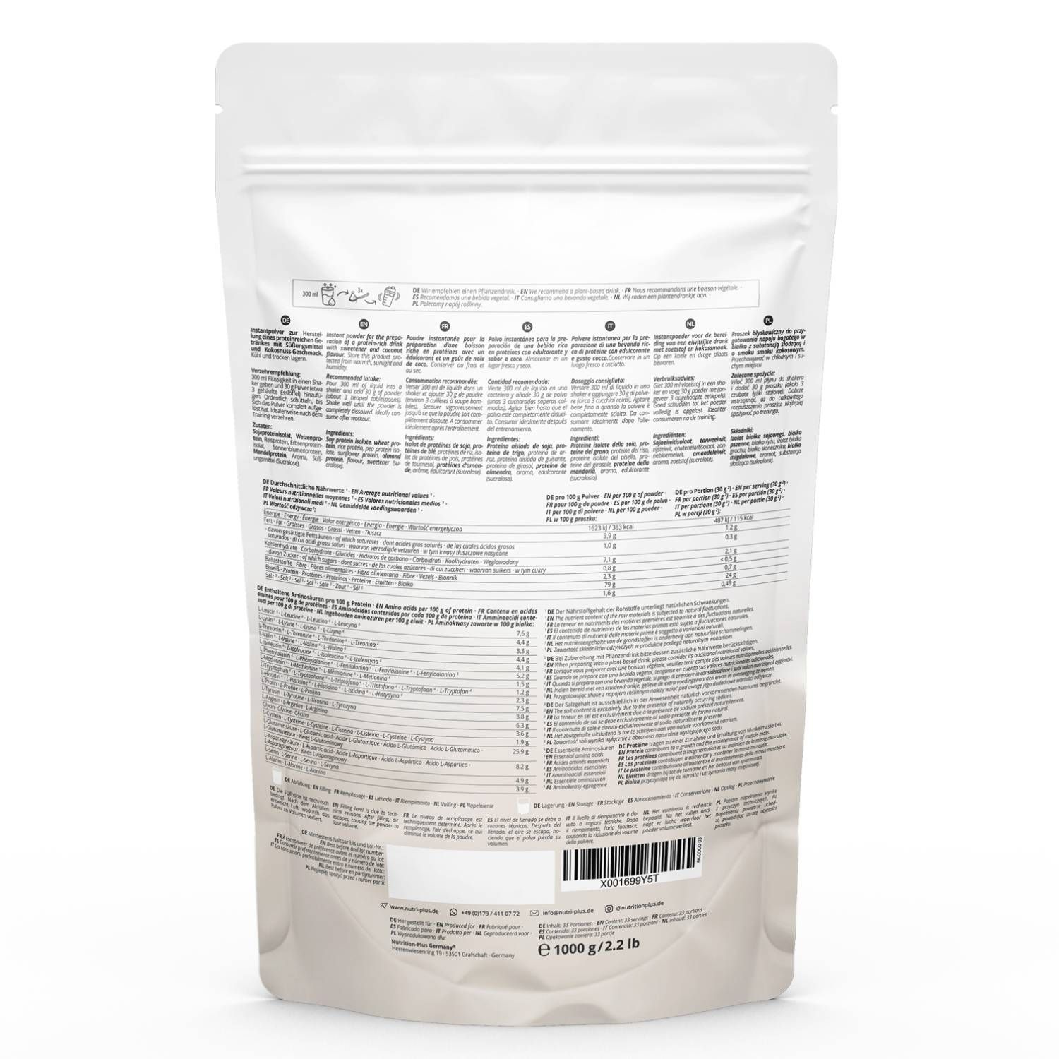 Rückseite der Protein-Pulver-Verpackung. Text in mehreren Sprachen, Nährwertangaben, Zutatenliste, und Barcode. 1000g/2.2 lb.