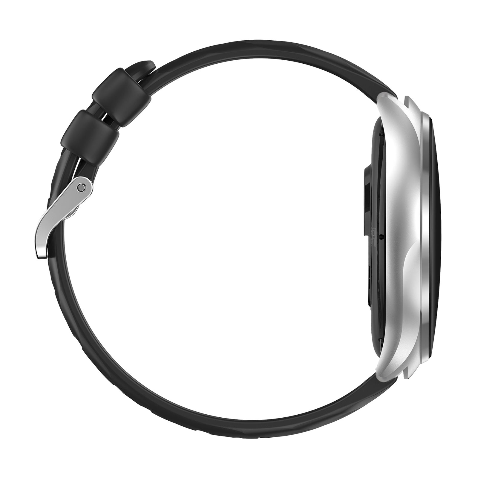 Smartwatch, Seitenansicht. Silbernes Gehäuse, schwarzes Armband. Schwarzes Display, silberne Schnalle.