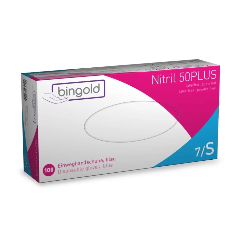 Verpackung von Bingold Nitril 50PLUS Einmalhandschuhen. Enthält 100 Handschuhe, Größe 7/S. Latex- und puderfrei. Blaue Einweghandschuhe.