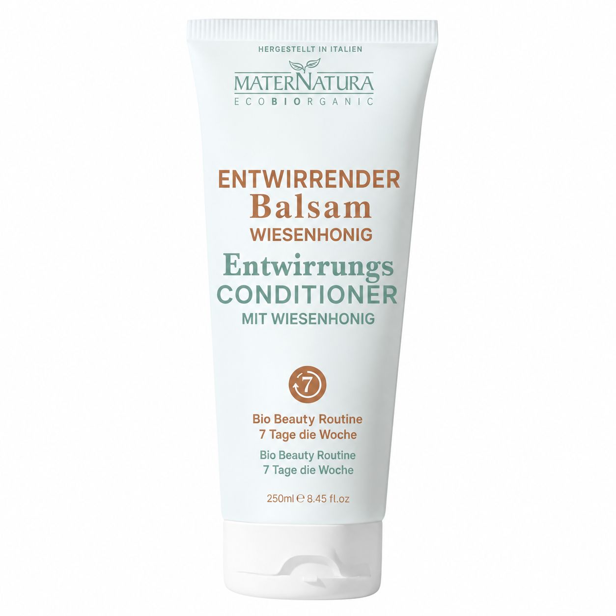 Weißer Conditioner-Schlauch mit braunem und blauem Text. Enthält 250ml.