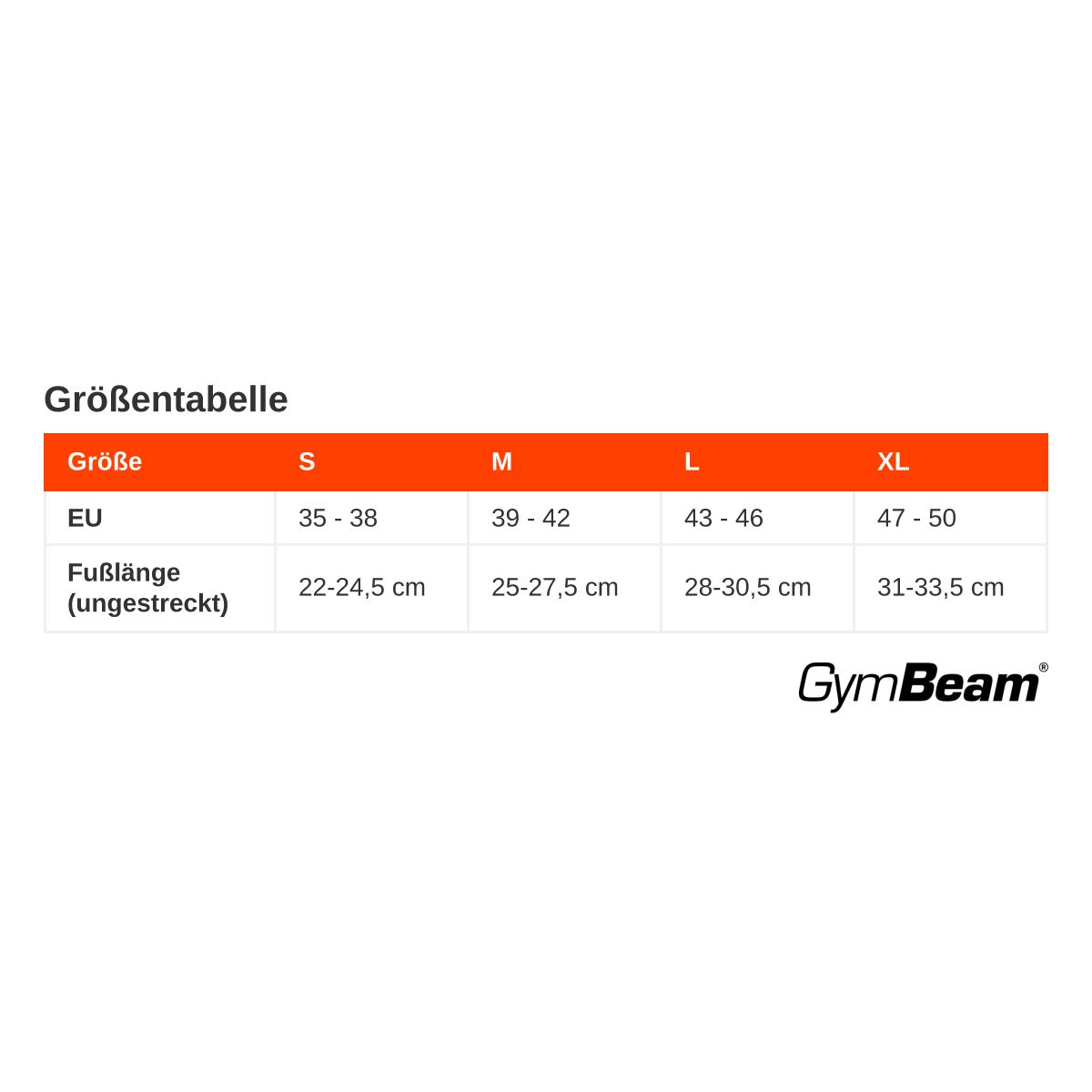 Größentabelle für GymBeam Kompressionsstrümpfe: S, M, L, XL.
