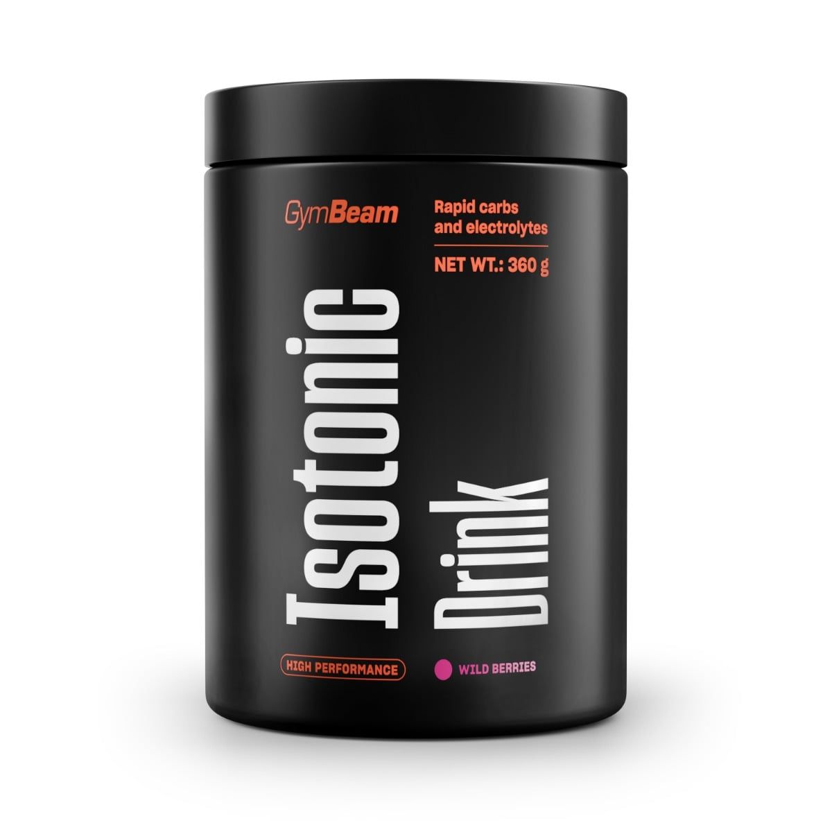 Schwarzer Behälter mit GymBeam Isotonic Drink Pulver, Wild Berries Geschmack. Enthält Kohlenhydrate und Elektrolyte.