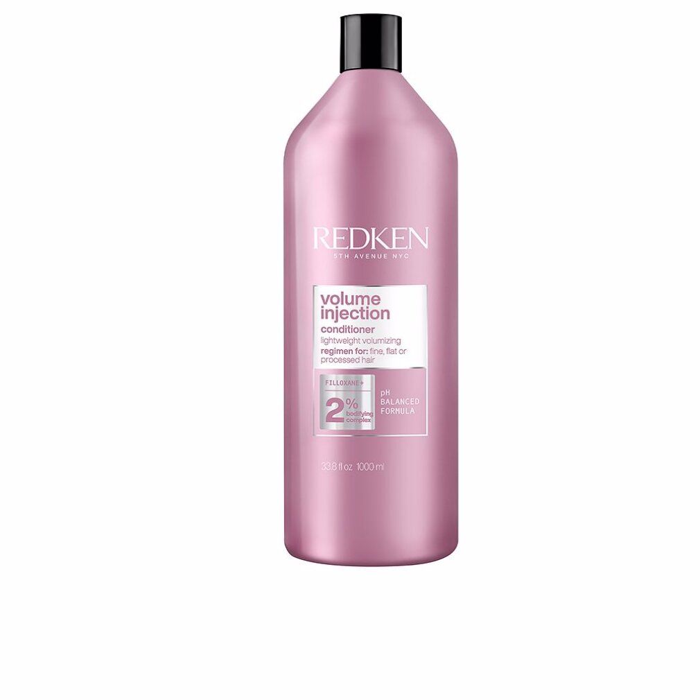 Rosa Flasche mit schwarzem Deckel. Etikett mit Produktinformationen. Marke Redken.
