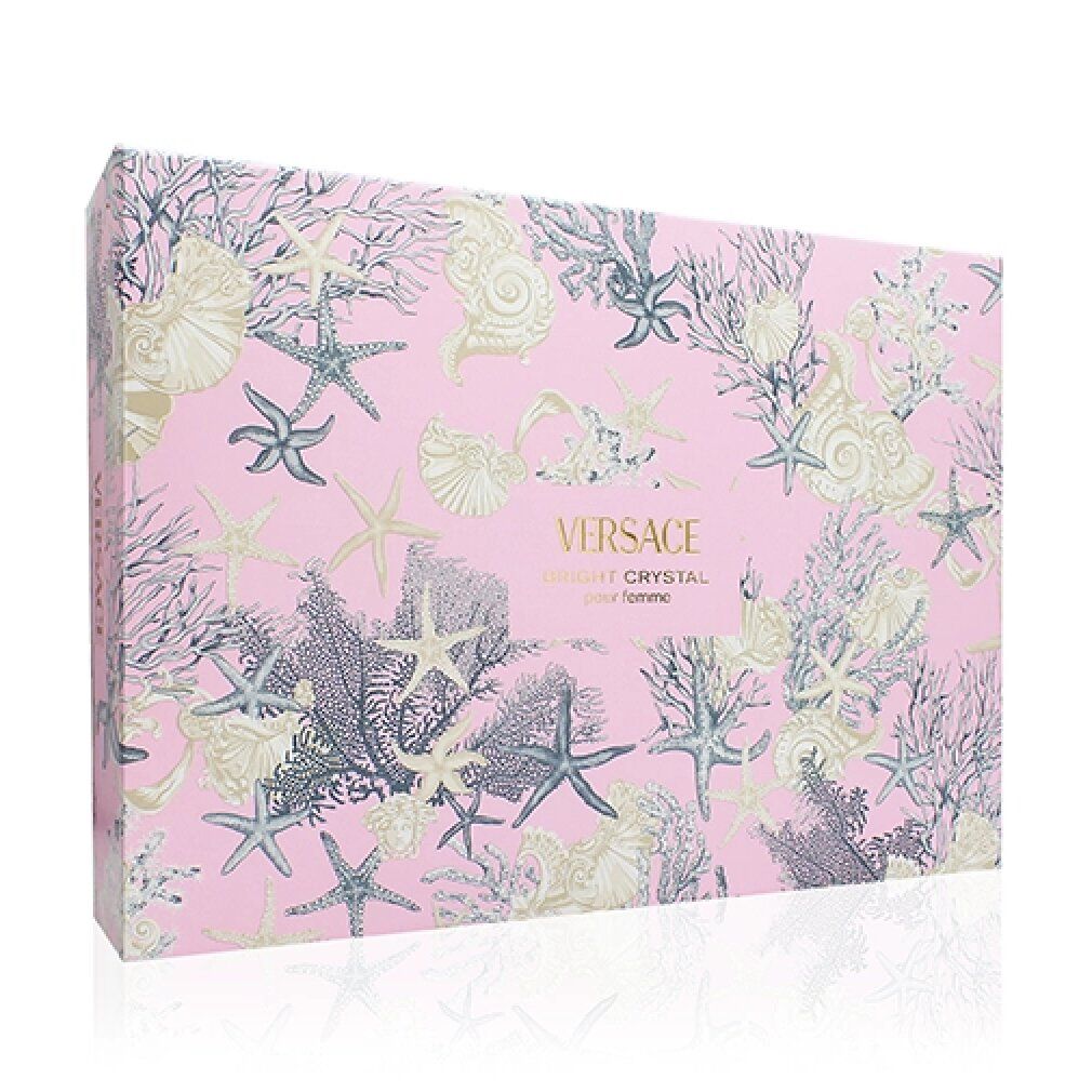 Rechteckige Geschenkbox mit rosa Hintergrund und Meeresmotiven. Versace-Logo und Produktname in Gold auf der Vorderseite.
