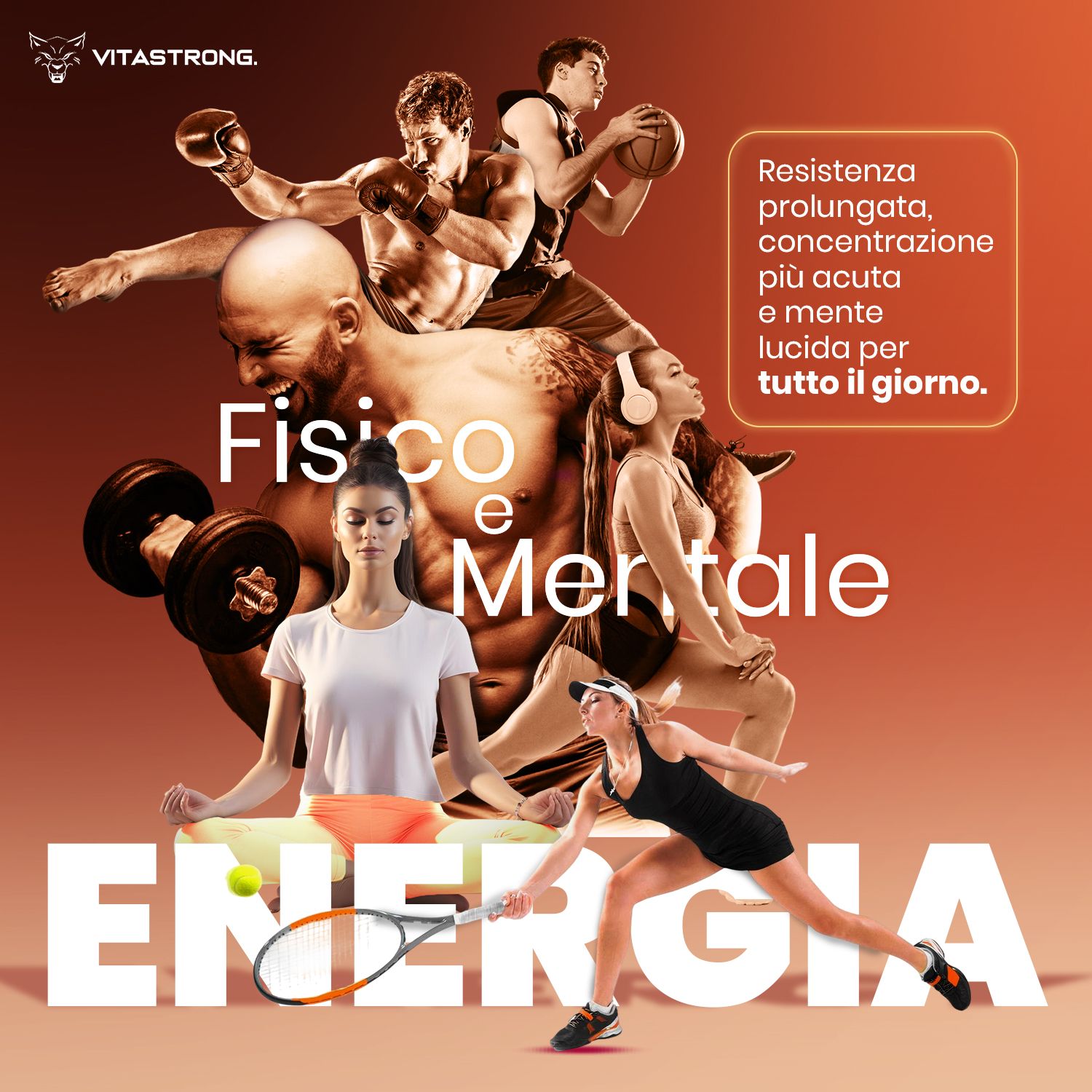 Vitastrong Energy Dose. Sportler und Yoga-Übende. Text: Körperliche und geistige Energie. Energie.