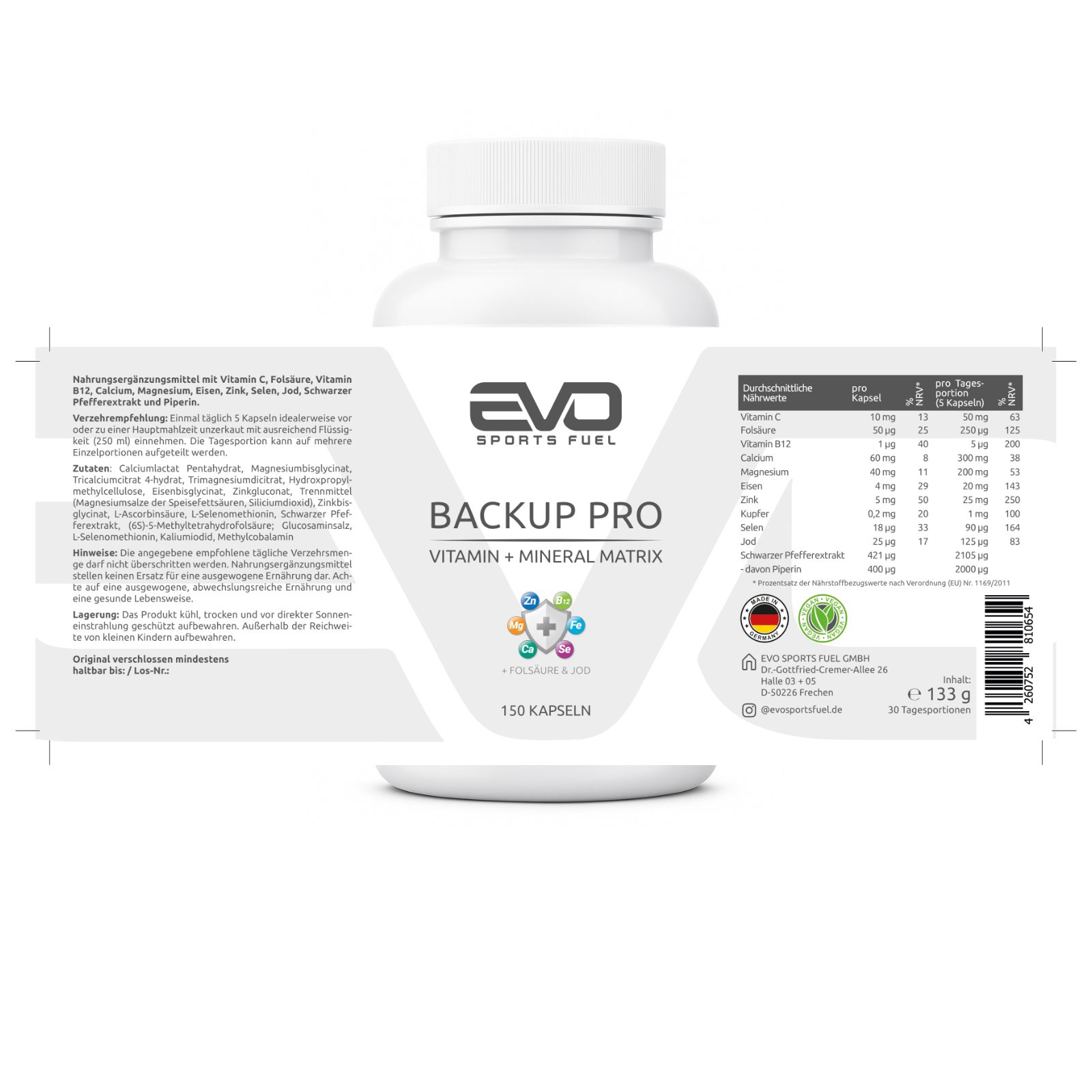 EVO BACKUP PRO Flasche mit detaillierter Nährwerttabelle, Inhaltsstoffen, Anwendungshinweisen und Siegeln.