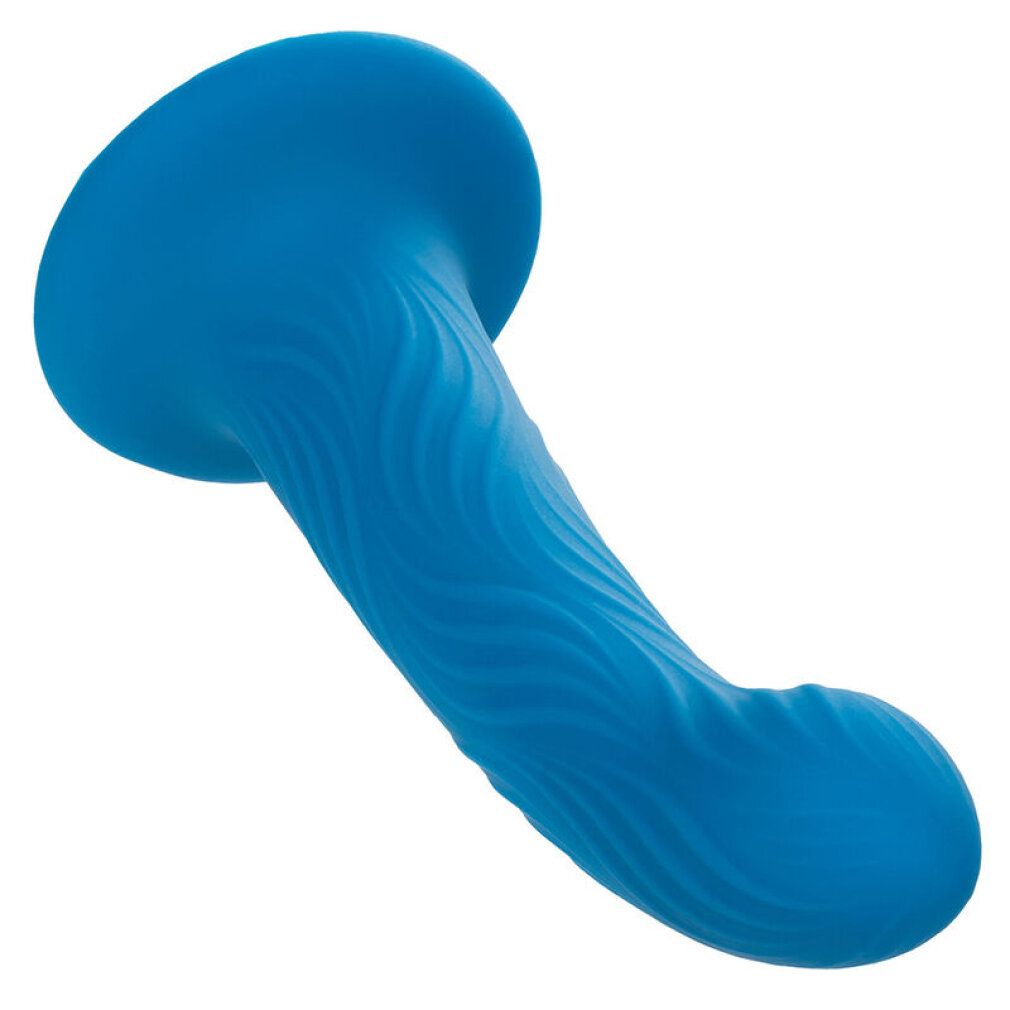 Blauer Analplug mit geriffelter Oberfläche und breiter Basis. Geformt mit einem abgewinkelten Schaft und einem runden Kopf.
