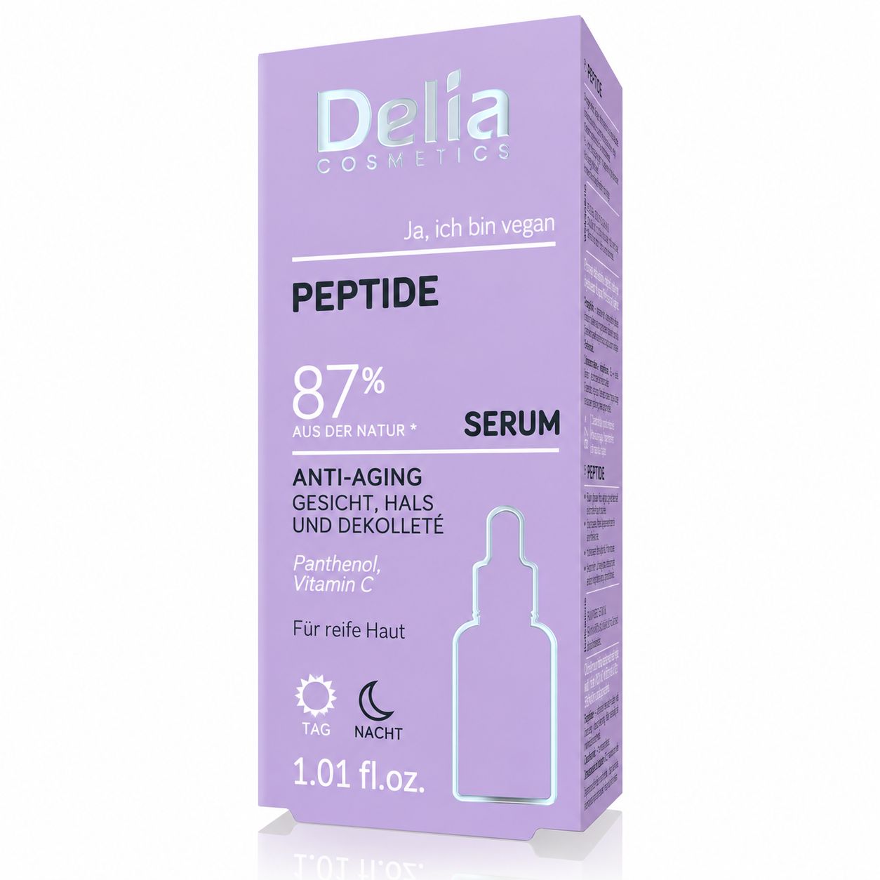 Delia Cosmetics Peptide Serum 1.01 fl.oz. in lilafarbener Umverpackung. Anti-Aging, für reife Haut.