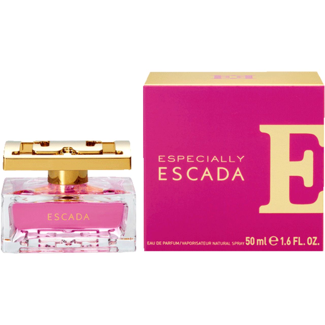 Flakon und Verpackung. Flakon mit rosa Flüssigkeit, goldener Verschluss. Verpackung pink mit Schriftzug ESPECIALLY ESCADA.
