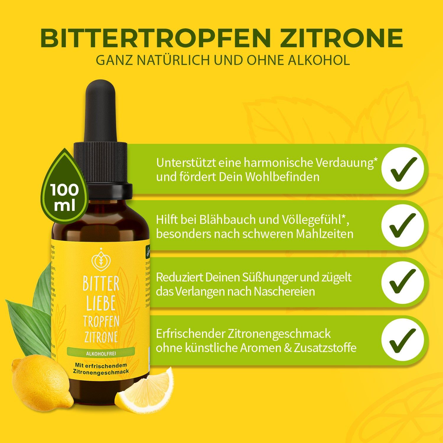 BitterLiebe - Tropfen Zitrone Alkoholfrei - Bitterstoffe Tropfen mit Zink - vegan