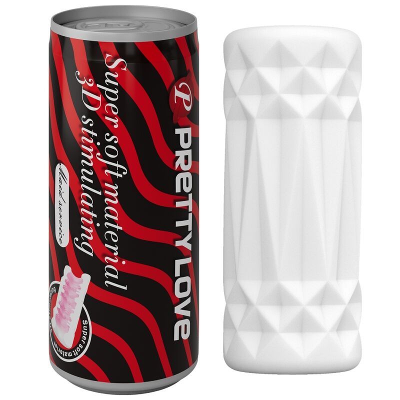 Zylindrisches Produkt mit geometrischer Oberfläche und Dose mit rotem und schwarzem Design. Text: PRETTY LOVE, 3D stimulating.