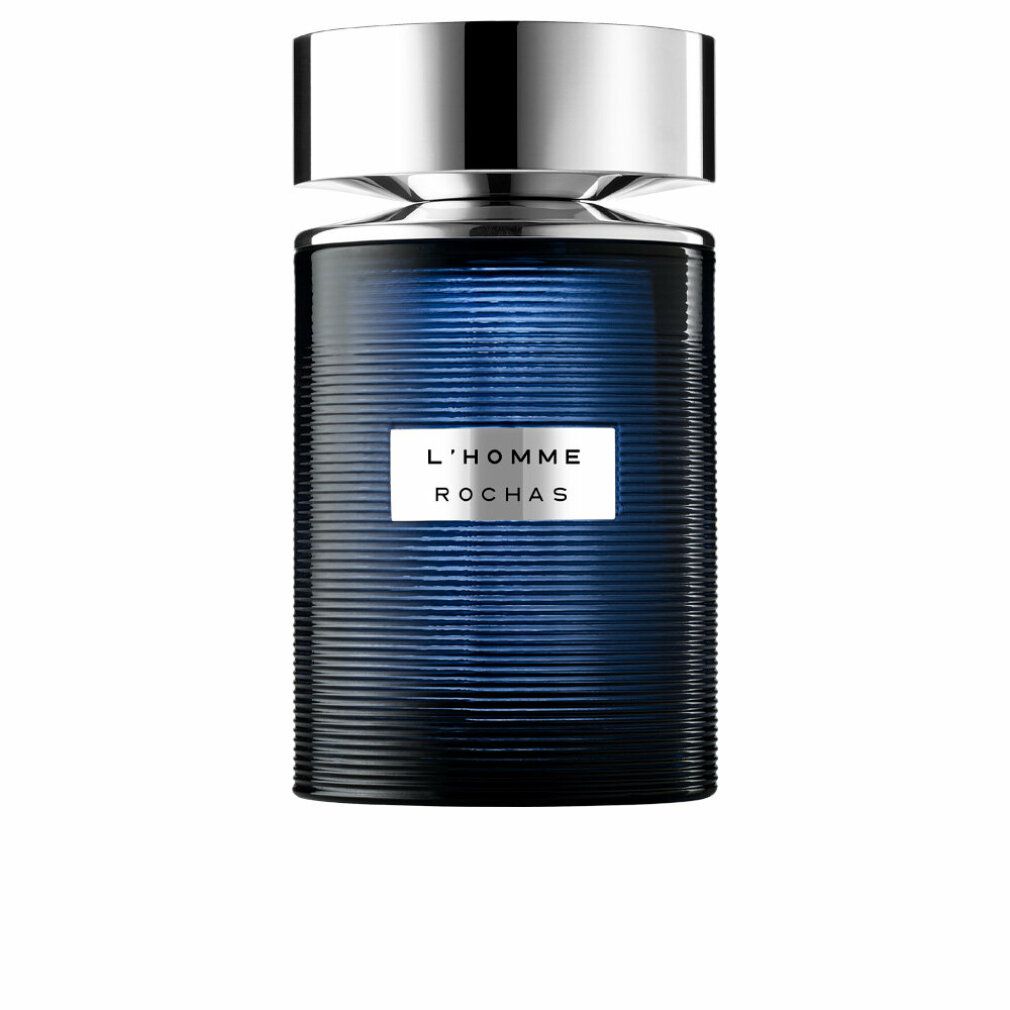 Blauer Flakon mit silbernem Deckel. Aufschrift: L'HOMME ROCHAS.