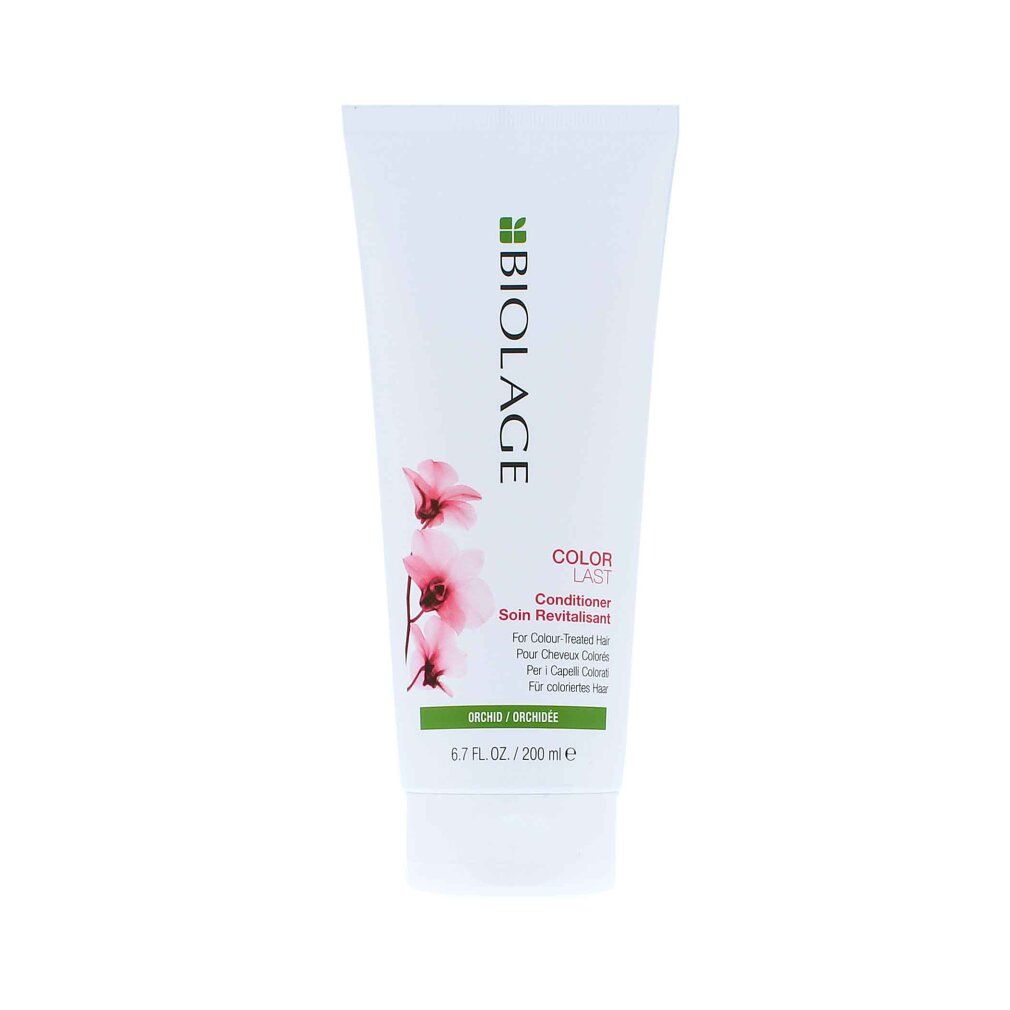 Weiße Tube Biolage ColorLast Conditioner. Orchideen-Illustration. Text: Conditioner, für coloriertes Haar.