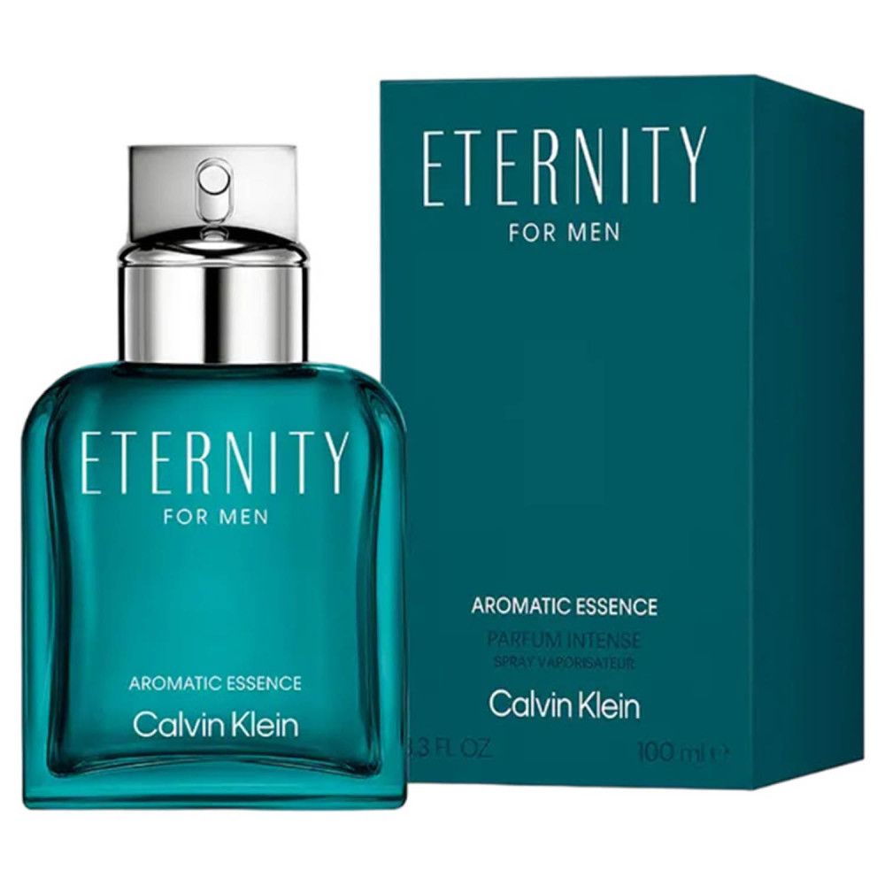 Türkisgrüner Flakon und Verpackung. Aufschrift: Eternity for Men, Aromatic Essence, Calvin Klein. 100 ml.
