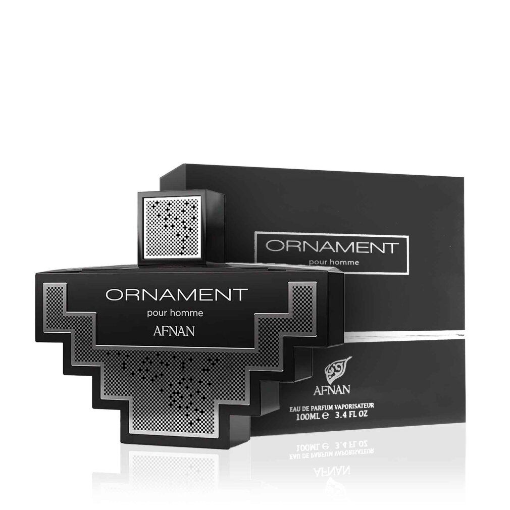 Schwarze Parfumflasche und Verpackung. "Ornament" und "Afnan" Schriftzug. Quadratisches Design mit silbernen Details.