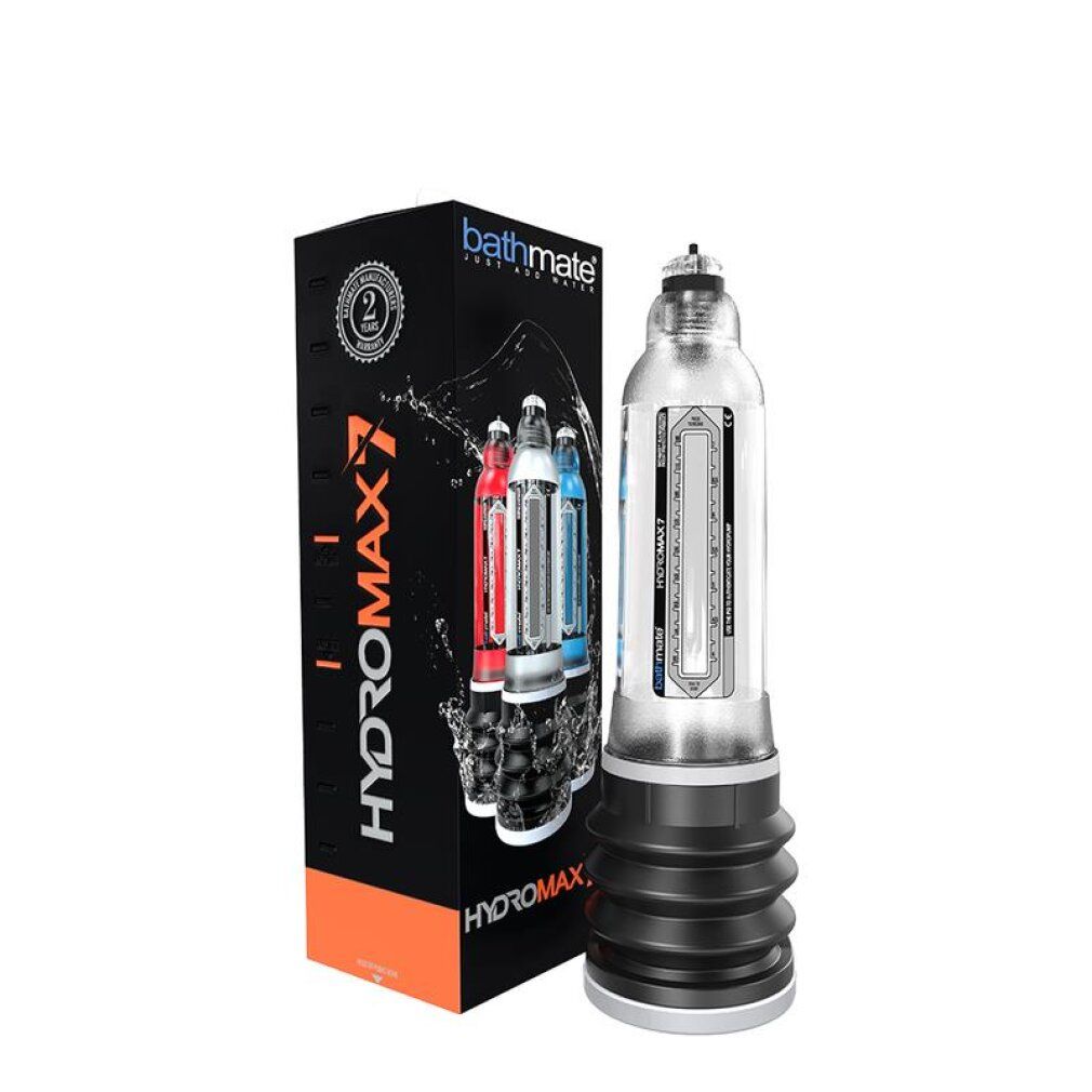 Bathmate Hydromax 7 Penispumpe neben ihrer Verpackung.