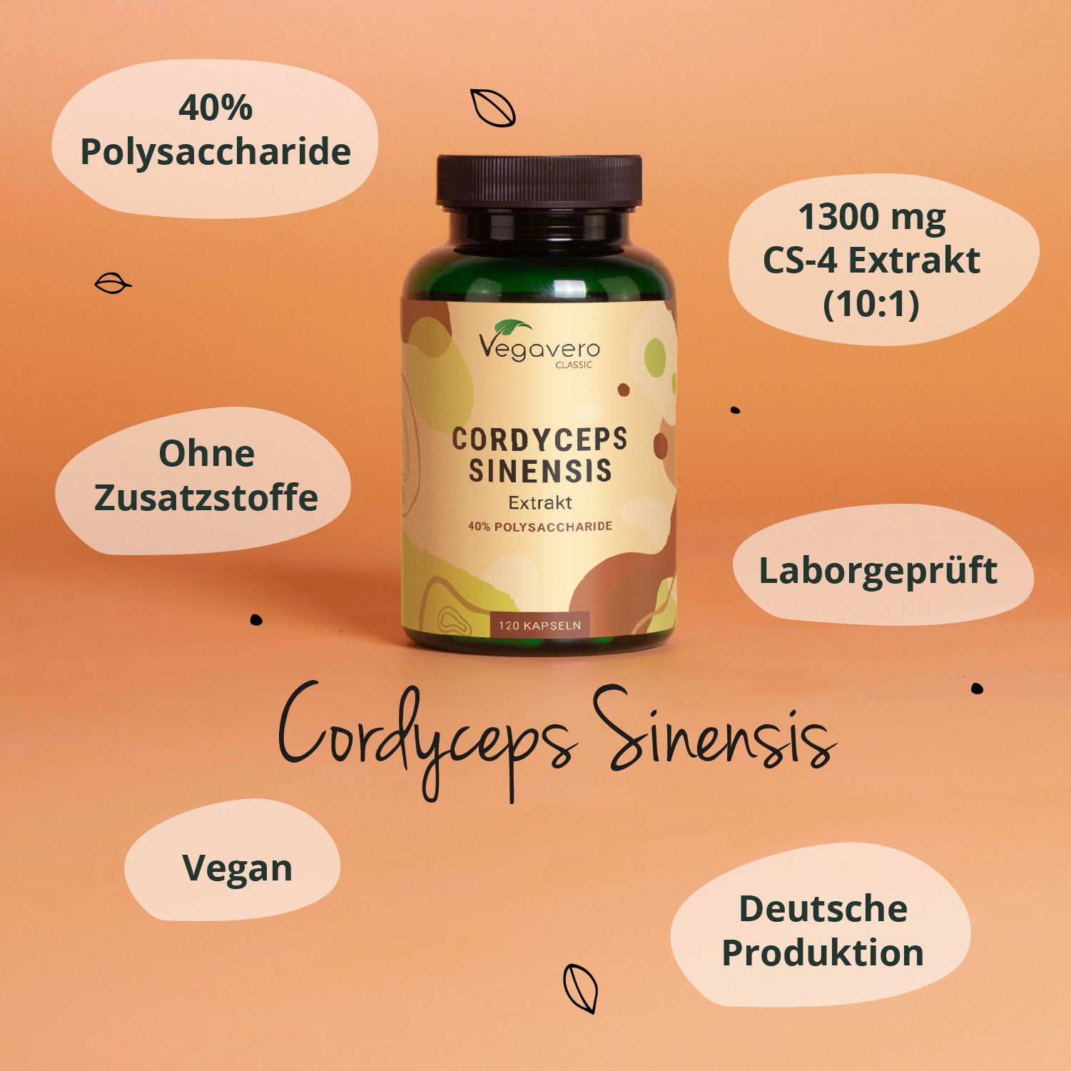 Flasche Cordyceps Sinensis Extrakt, 40% Polysaccharide, 120 Kapseln. Vegavaro Classic. Zusätzliche Informationen: Vegan, Laborgeprüft.