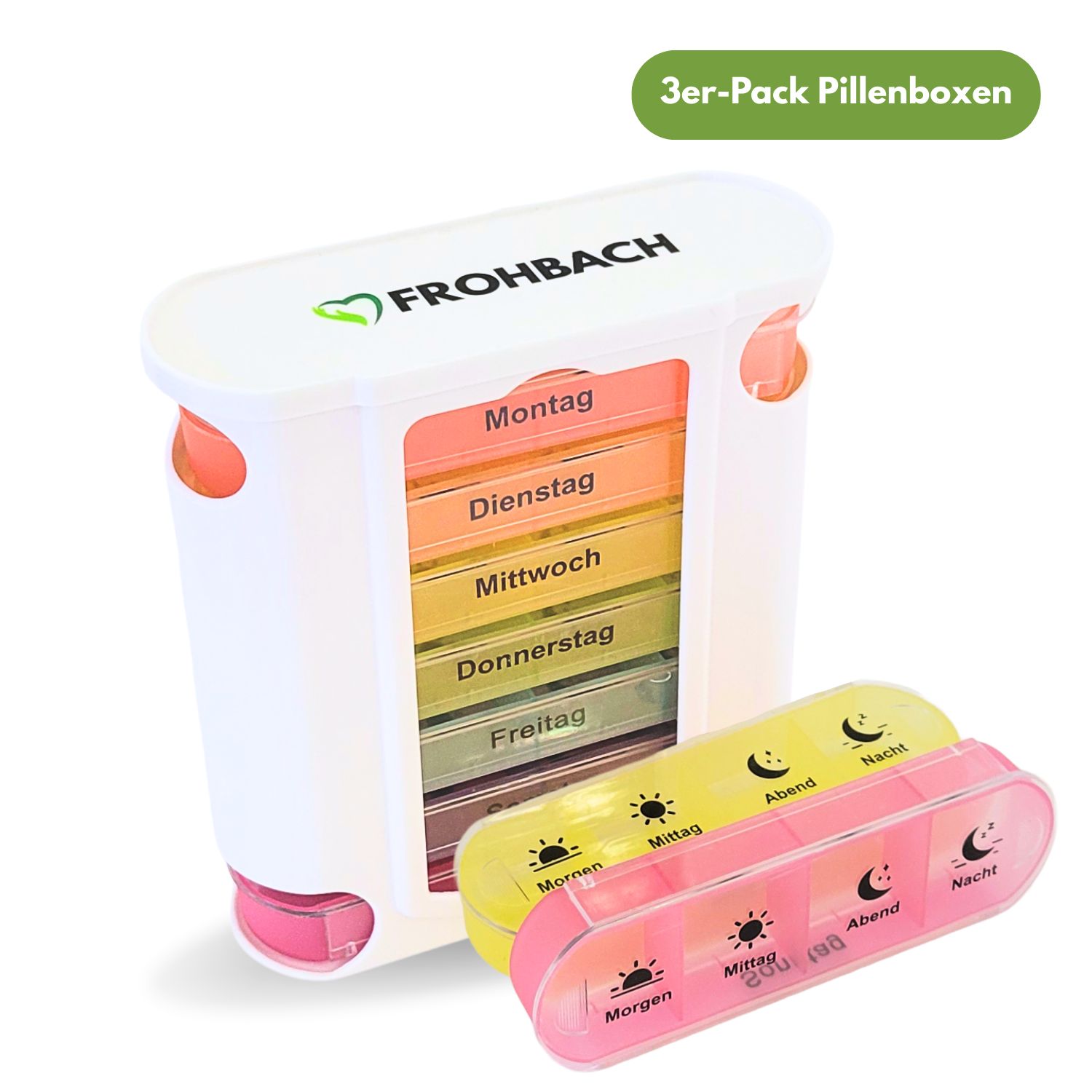 Tablettenbox-Set. Weiß, mit 7-Tage-Fächern in Pastellfarben. Enthält zwei separate Boxen. Frohbach-Logo.