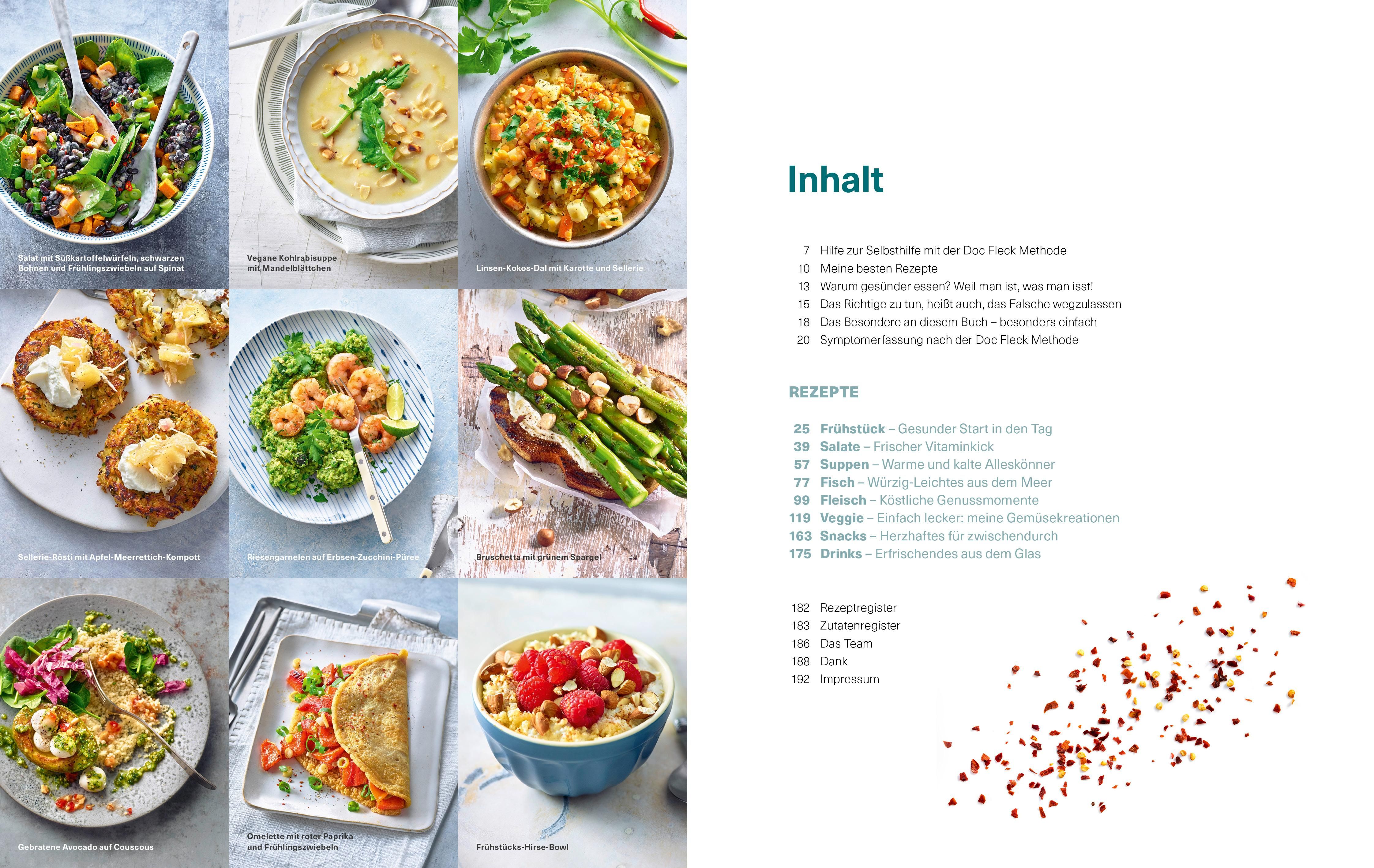 Buchseite mit Rezepten. Verschiedene Gerichte mit Zutaten wie Gemüse, Kräutern und Hülsenfrüchten.