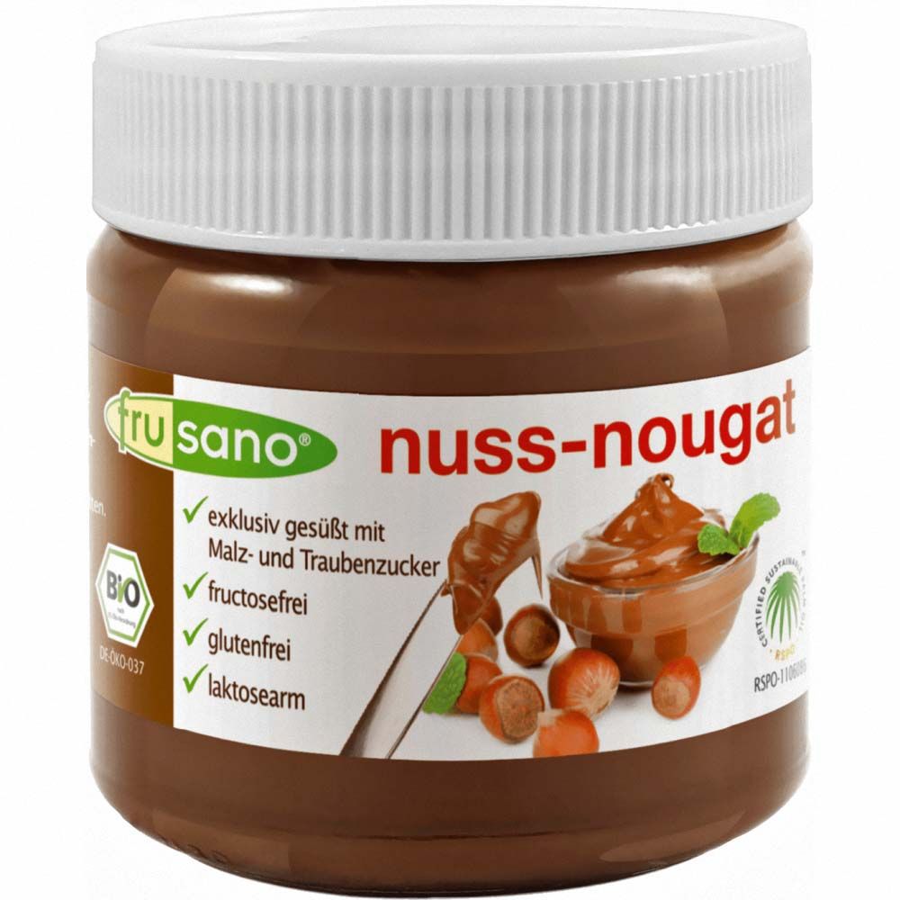Glas mit Nuss-Nougat-Creme. Aufschrift: Frusano, nuss-nougat, Bio. Merkmale: fructosefrei, glutenfrei, laktosearm.