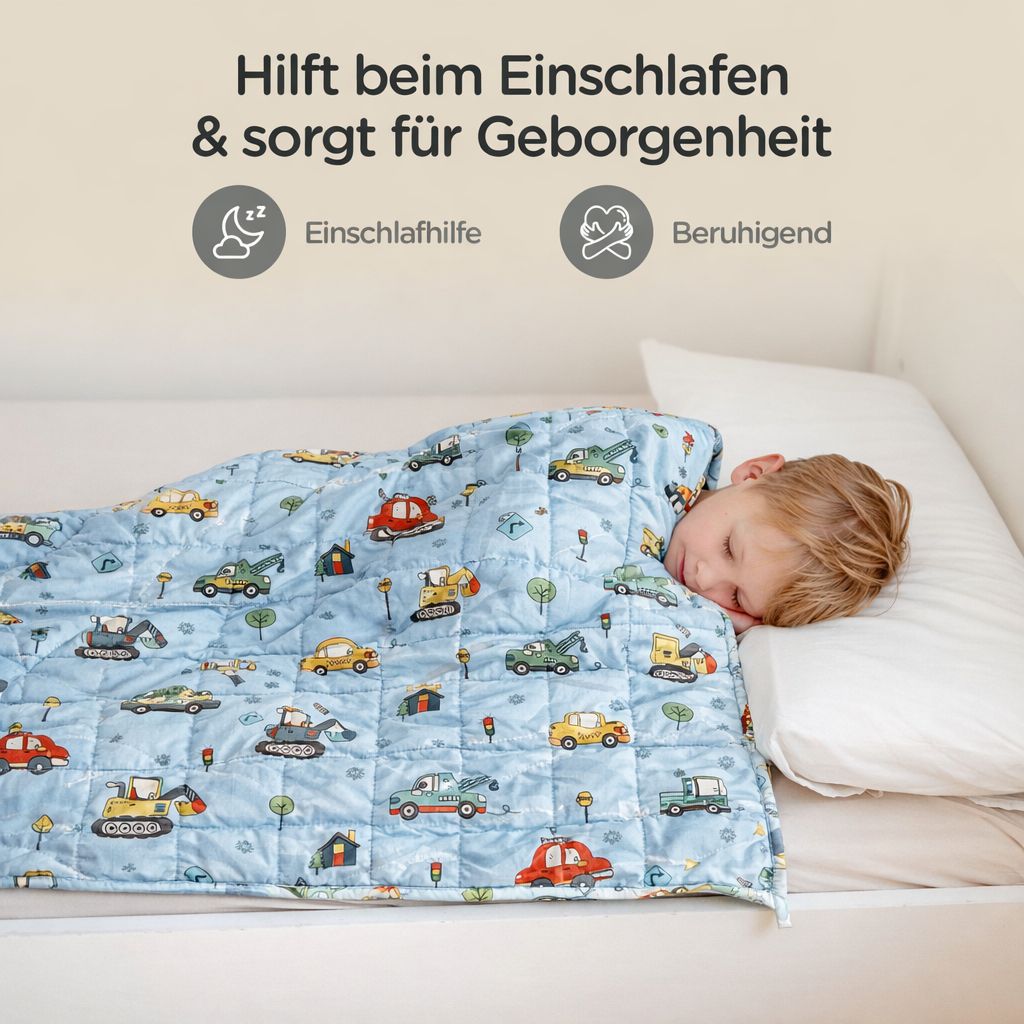 Eine Junge schläft unter einer blauen Gewichtsdecke mit Fahrzeugmotiven. "Hilft beim Einschlafen & sorgt für Geborgenheit".
