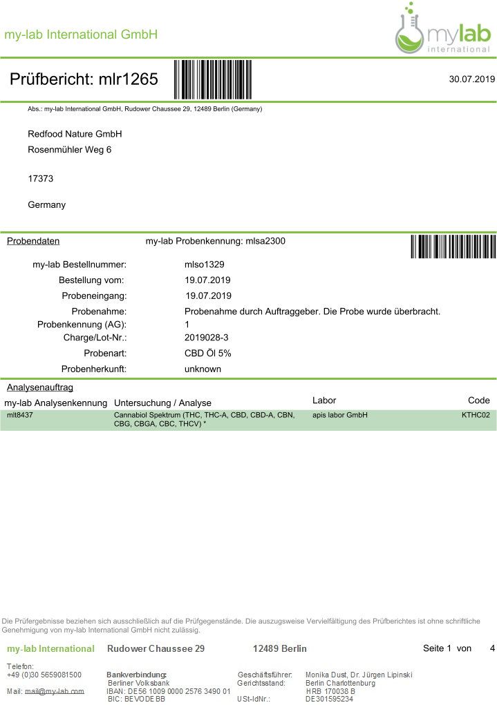 Prüfbericht von my-lab International GmbH. Enthält Analyseergebnisse von Cannabinoiden, wie CBD und THC.