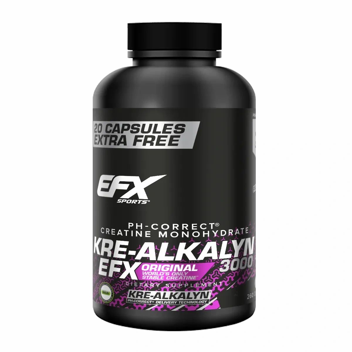 Schwarze Flasche mit Kapseln. Aufschrift: EFX, KRE-ALKALYN 3000, Kreatin Monohydrat. 20 Kapseln extra.