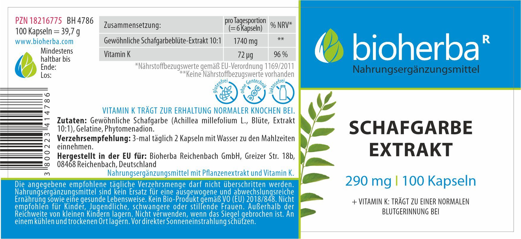Etikett mit Produktinformationen. Aufschrift: Bioherba, Schafgarbe Extrakt, 290 mg, 100 Kapseln. Blaue und grüne Elemente.