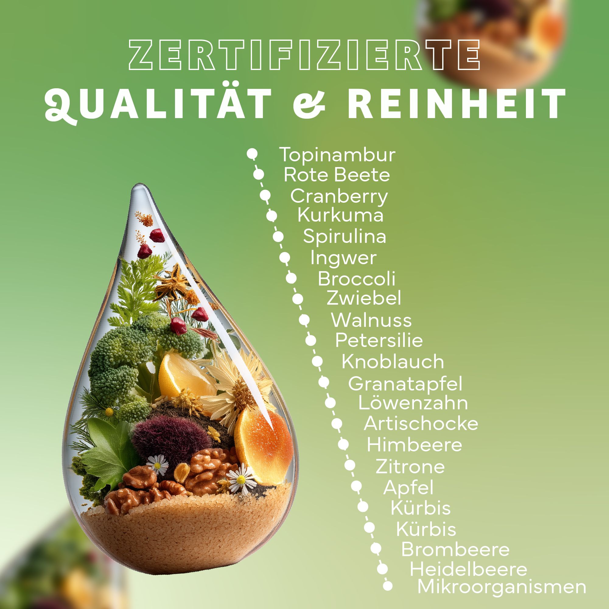 Glasbehälter mit Zutaten: Topinambur, Rote Beete, Cranberry, Kurkuma, Spirulina, Ingwer, Brokkoli, Zwiebel, Walnuss, Petersilie.