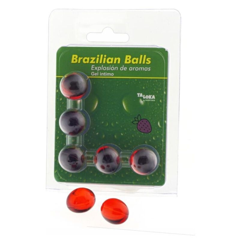 Blisterpackung mit roten und schwarzen Kugeln. Aufschrift: Brazilian Balls, Gel intimo. Marke: Taloka. Erdbeer-Aroma.
