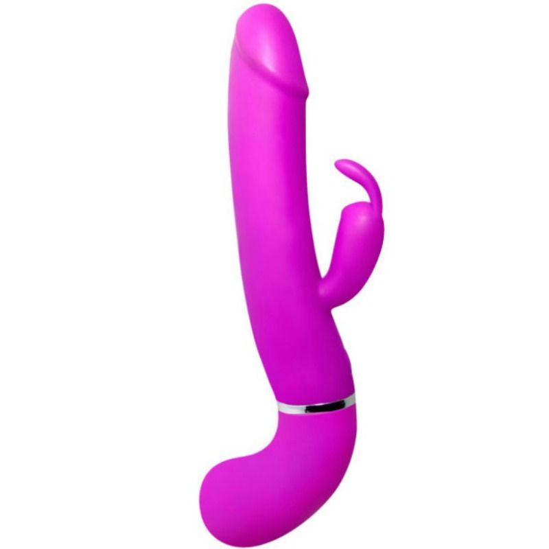 Lila Vibrator mit gebogener Form und Kaninchenohren-Design. Silberner Ring am unteren Ende.