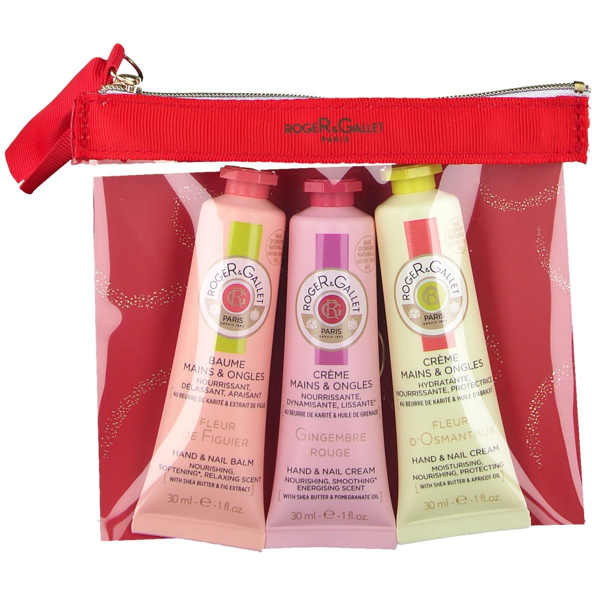 Drei Handcremes in Tuben in einer roten Tasche. Farben: rosa, pink, gelb. Aufschrift: Roger & Gallet. Namen: Fleur d'Osmanthus, Fleur de Figuier, Gingembre Rouge.