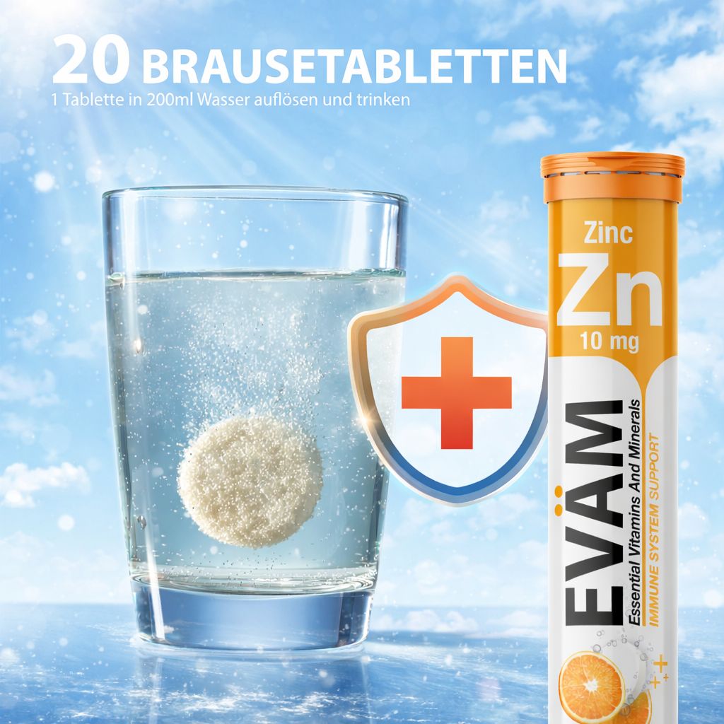 Brausetablette löst sich in Wasser auf. Zink-Brausetabletten-Tube neben Glas. Schild mit Kreuz. Hintergrund: Himmel.