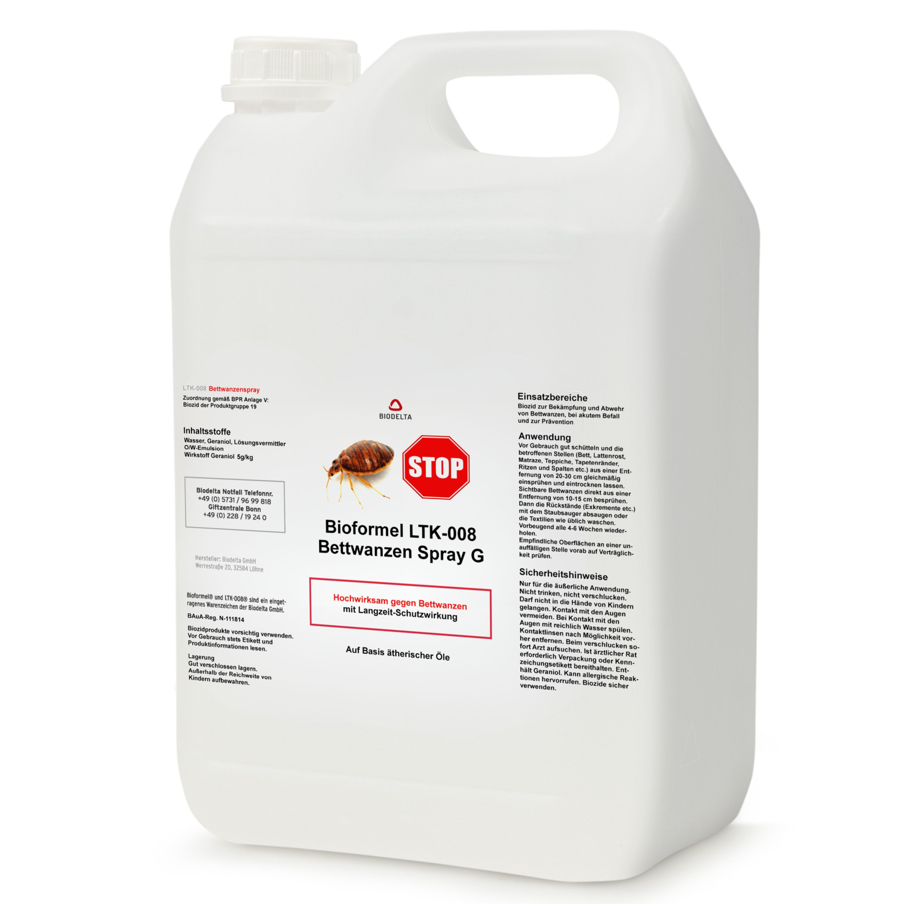 Große weiße Flasche mit Text: Bioformel Ltk-008 Bettwanzenspray G. Text: Hochwirksamer Schutz gegen Bettwanzen mit langem Schutzwirkung.